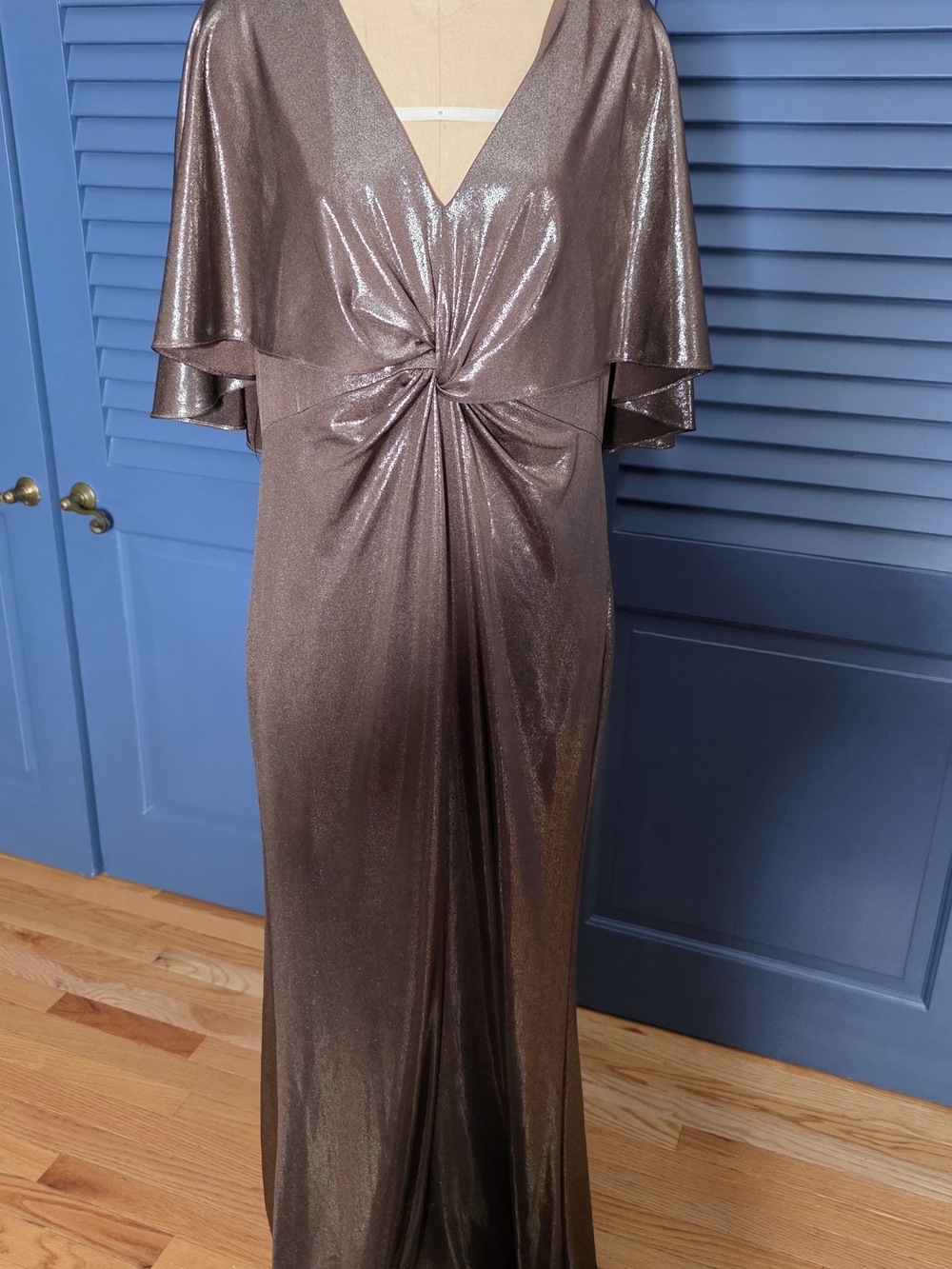 Lauren Ralph Lauren Metallic Jersey Twist-Front Cape Gown - Bronze - Size 16